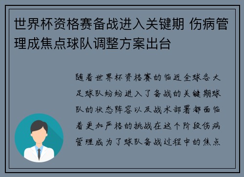 世界杯资格赛备战进入关键期 伤病管理成焦点球队调整方案出台