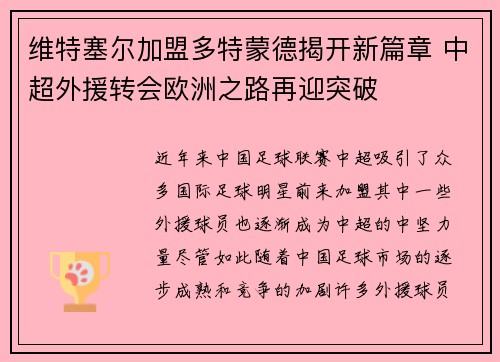 维特塞尔加盟多特蒙德揭开新篇章 中超外援转会欧洲之路再迎突破